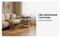 Easy to Move Wooden Trolley with Rattan Basket Multifunctional Vintage Mobile Side Table Space-Saving 2-Tier Rolling Cart Large Capacity for Home Entertainers, Apartment Dwellers, Homeowners, Living Room, Bedroom, Art Studio