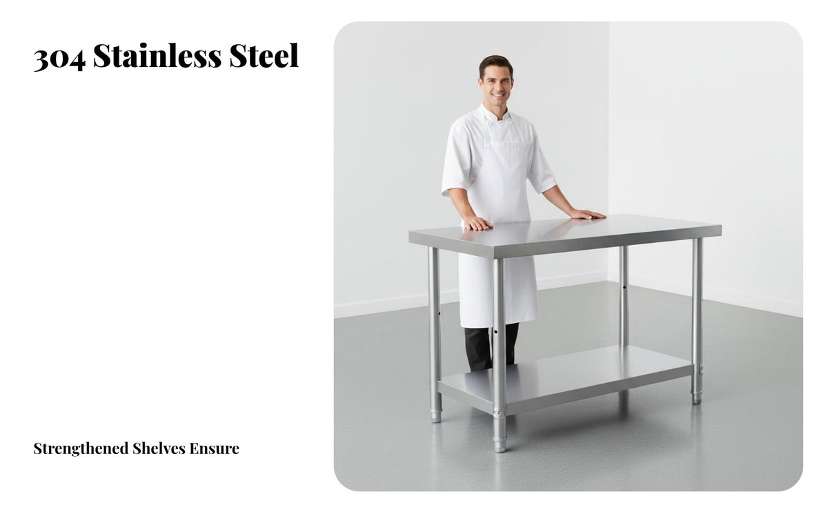 Rust-Proof 2-Tier Stainless Steel Work Table Easy to Clean Commercial Kitchen Prep Table High Load-Bearing Capacity Heavy Duty Workbench Food Grade for Restaurant Owners, Professionals, Home Cooks, Warehouse, Pantry, Garage