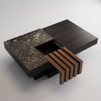 Sliding Surface Coffee Table Marble-Textured Coffee Table with Storage Rectangular for Living Room