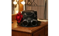 Black Steampunk Top Hat Silver-Tone Chain Top Hat with Goggles Wide Brim