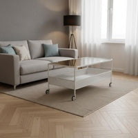 With casters 2-Tier Glass Top Tea Table Easy to Move Living Room Furniture Space-Saving Mobile Storage Multi-Functional for Homeowners, Renters, Home Office, Bedroom, Reception Area