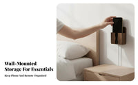Bedside Charging Station Box No Required Wood Grain Wall Storage Box Multi-Functional Phone Holder for Renters, Bedroom, Living Room