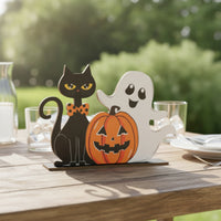 Freestanding Pumpkin Ghost Cat Sign Indoor Halloween Tabletop Decoration Holiday Wooden Halloween Centerpiece Autumn for Mantel