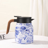 Large Capacity Stainless Steel Insulated Teapot New Year Gift Blue Floral Thermal Carafe for Home, Office
