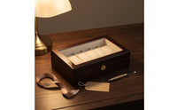 Lacquered Glass-Topped Watch Box Wood Grain Watch Display Box Padded Interior Gold-Tone Lock
