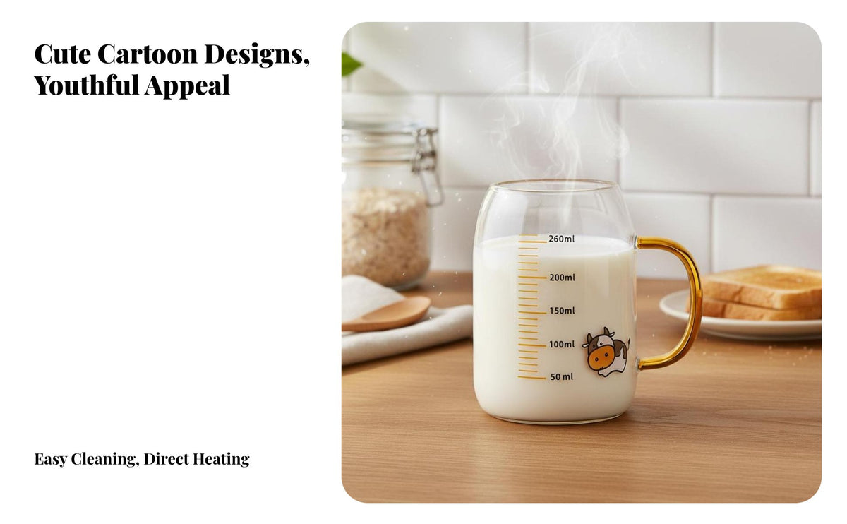 children's Measuring Mug Includes Straw Glass Drinking Glass with Handle Heat Resistant Child S Cartoon Cup for Young Children, Parents, Mealtime