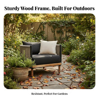 sturdy Wood Frame Woven Armchair All-Weather Design paded Armchair and Table Set Thick pads Patio Seating Modern Minimalist aesthetic for Villa Residents, Garden lovers, Balcony, Sunroom, rearyard, Waterside