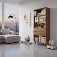 Solid Wood Board Wooden Bookshelf with Drawers Raised Legs Freestanding Display Shelf Modular Bookcase System for Students, Living Room