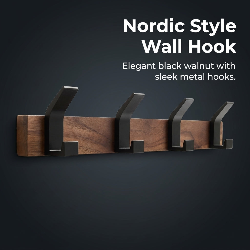 Black Walnut Wood Wall Mounted Coat Rack with 5 Hooks, Solid Wood Hat Hook for Entryway, Hook for Apartment Living, Nursery Wall Decor