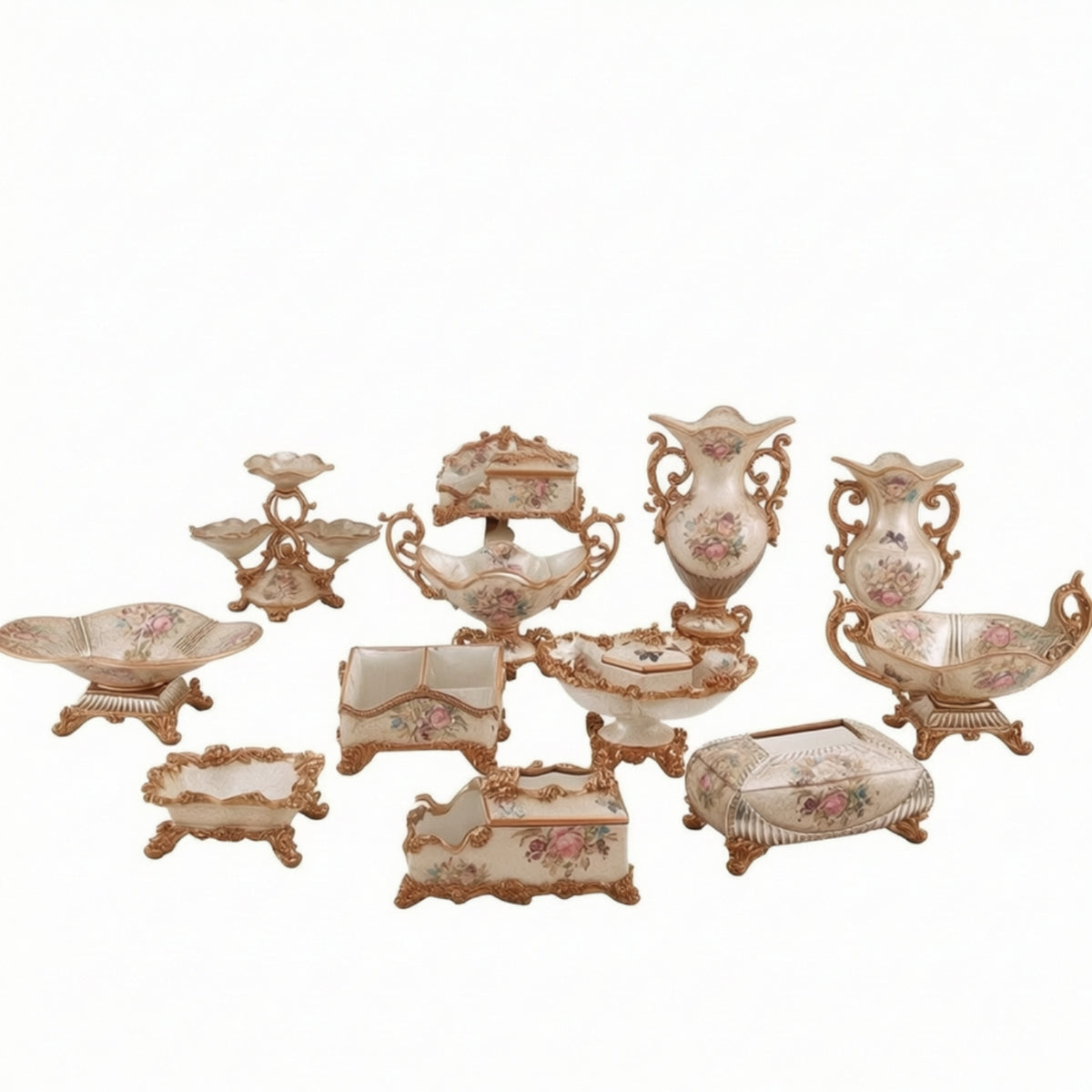 12 Pieces Decorative Collection with Pedestal Vases Elegant Home Accents Cream