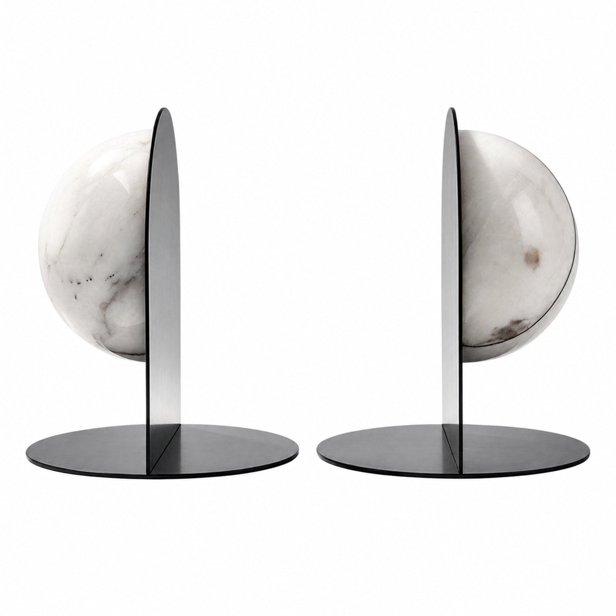 Round Bookends with Marble Orb Sculptural Marble Bookends with Metal Base Modern Bookend Set for Readers, Bookshelf, Office, Reading Quiet Area