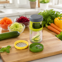 3-in-1 Julienne Slicer, Kitchen Utensil with Stainless Steel Blades, Green Vegetable Cutter for Zoodles, 15.6x8.1x8.1cm with Container