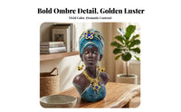 Blue Patterned African Woman Bust Sculpture Dark Brown Resin Decorative Bust Textured African Female Sculpture Gold-Tone