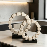 Geometric Circlet Sculpture Travertine-Style Circular Ornament Sculptural Tabletop Decor for Bookshelf, Office Reception