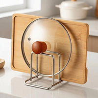 Lid Holder Cutting Board Stand, Freestanding Lid Organizer made of 201 Stainless Steel, Kitchen Organizer with 2 Compartments, Polished Silver