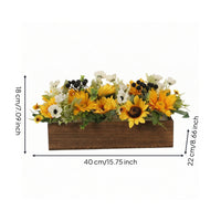 Helianthus Centerpiece with Wooden Planter Summer Floral Arrangement Decorative Decor for Shelf