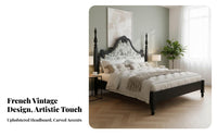 French Country Design Bed Sturdy Construction Black Carved Wood Bed No Box Spring Needed Antique Wooden Headboard for Couples, Newlyweds