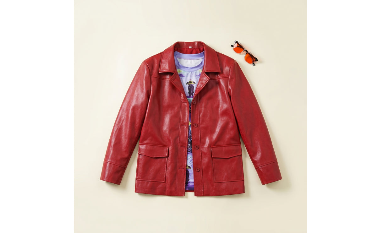 Character-Inspired Costume Set with Glasses Long-Sleeve Faux Leather Coat with Shirt Button-up Cosplay Outfit Bold for Cosplayers, Performers, Themed Parties, Stage Performances