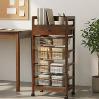 Wood Drawer Basket Cart Open Frame with Drawer Brown Finish Wooden