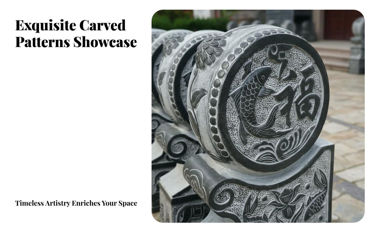 Chinese Drum Stone Auspicious Design Bluestone Sculpture Weather Resistant Antique Entrance Accent Ornament for Homeowners, Collectors, Courtyard