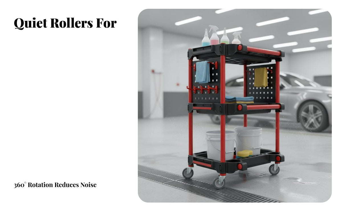 3-Tier Detailing Cart Full-Rotation Casters 3 Tier Detailing Cart Sturdy Car Wash Tool Organizer for DIY Enthusiasts, Mechanics, Warehouse