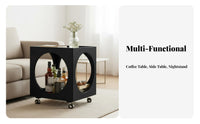 Retro Design Wheeled Cube Table with Cutouts Glass Surface Top Household Furniture Movable Design Rolling Cart Multifunctional for Apartment Dwellers, Office Workers, Living Room, Bedroom, Art Studio, Bathroom