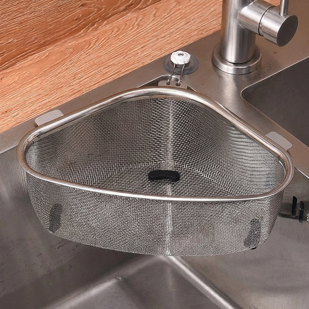 Dish Drainer Sink Tidy and Triangle Mesh Basket, Stainless Steel Sink Drainer for Food Waste, Hanging Style Kitchen Storage Sink Drain Solution