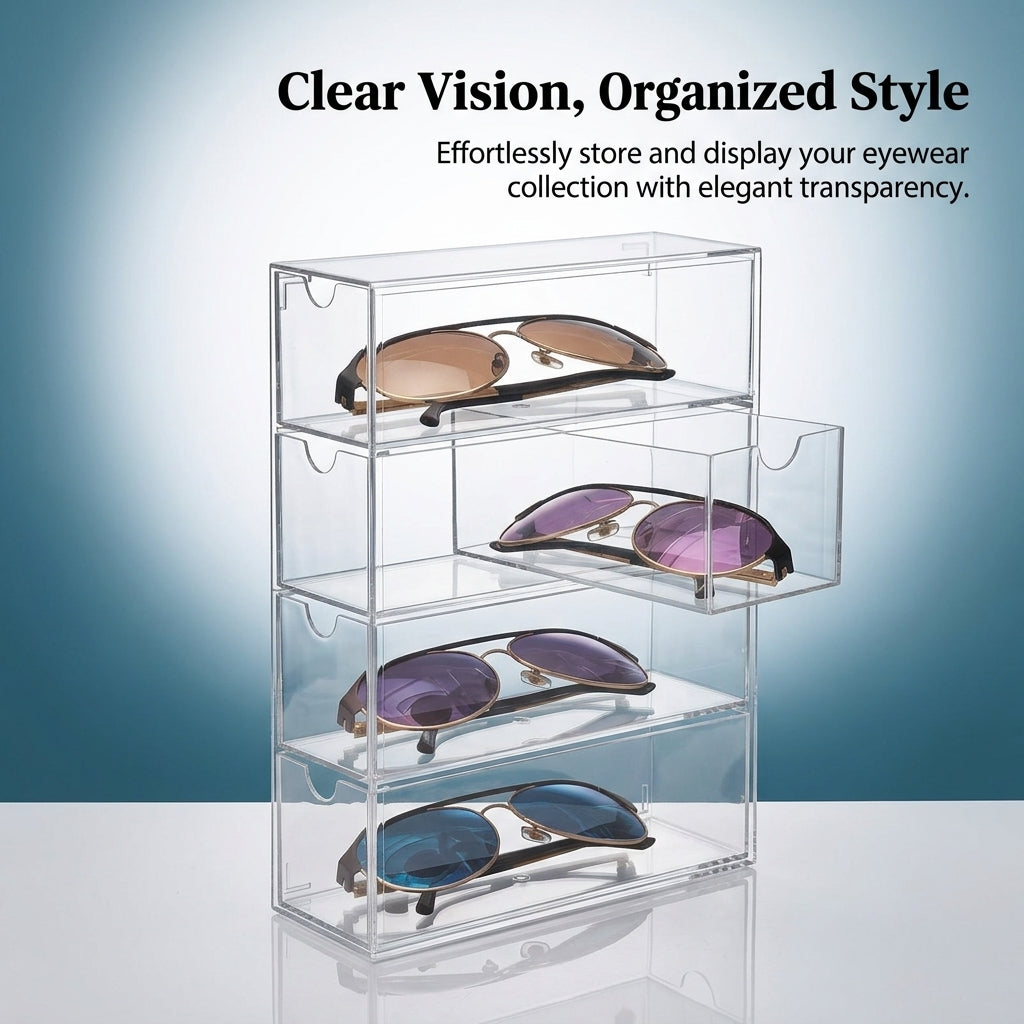 Clear Acrylic Sunglasses Organiser, 4 Drawer Transparent Glasses Storage, Desktop Office Desk Organizer, Stackable Box for Eyewear
