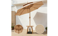Patio Umbrella with Base UPF 50+ Two-Tiered Top Patio Umbrella Wood Look for Cafes, Backyard, Balcony, Camping
