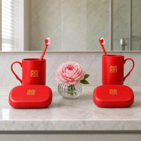 Wedding Bathroom Set with Toothbrush Holders, Cups, and Soap Dish - Red Bridal Essentials