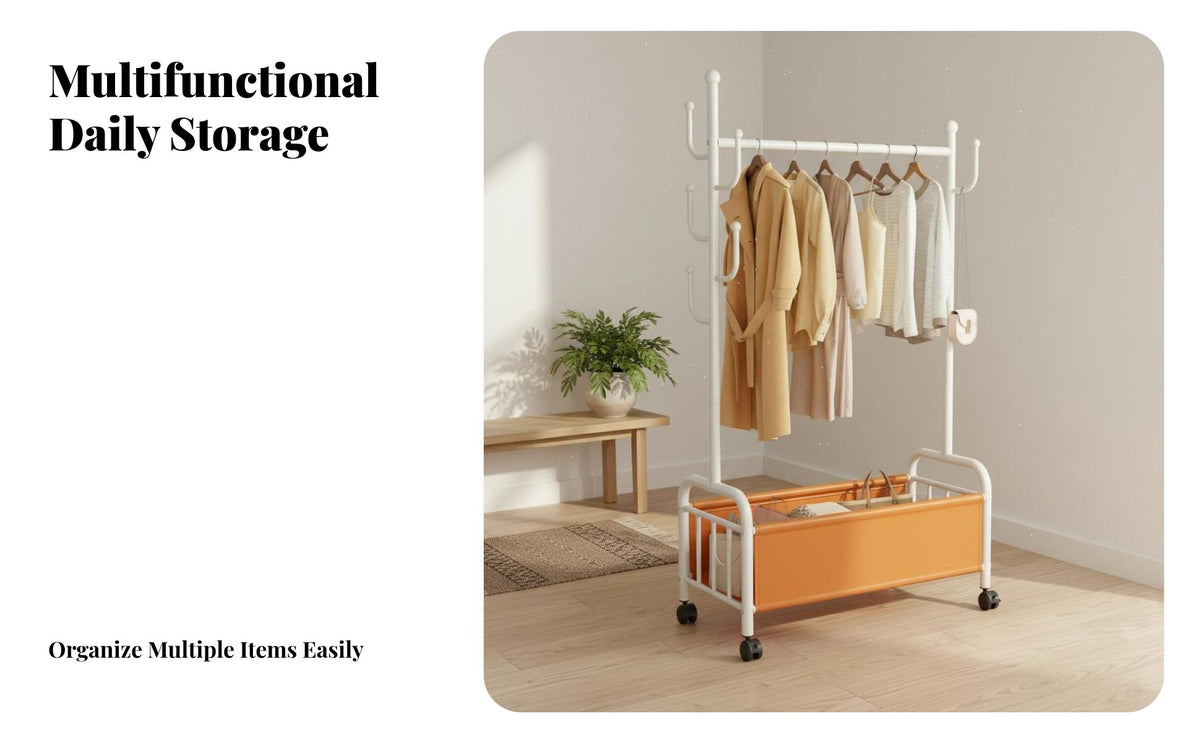 Multi-Functional Mobile Clothes Stand Large Capacity Rolling Clothes Rack Space Saving Rolling Garment Rack Heavy Duty for Renters, Apartment Dwellers, Students, Balcony, Living Room, Bedroom, Entryway