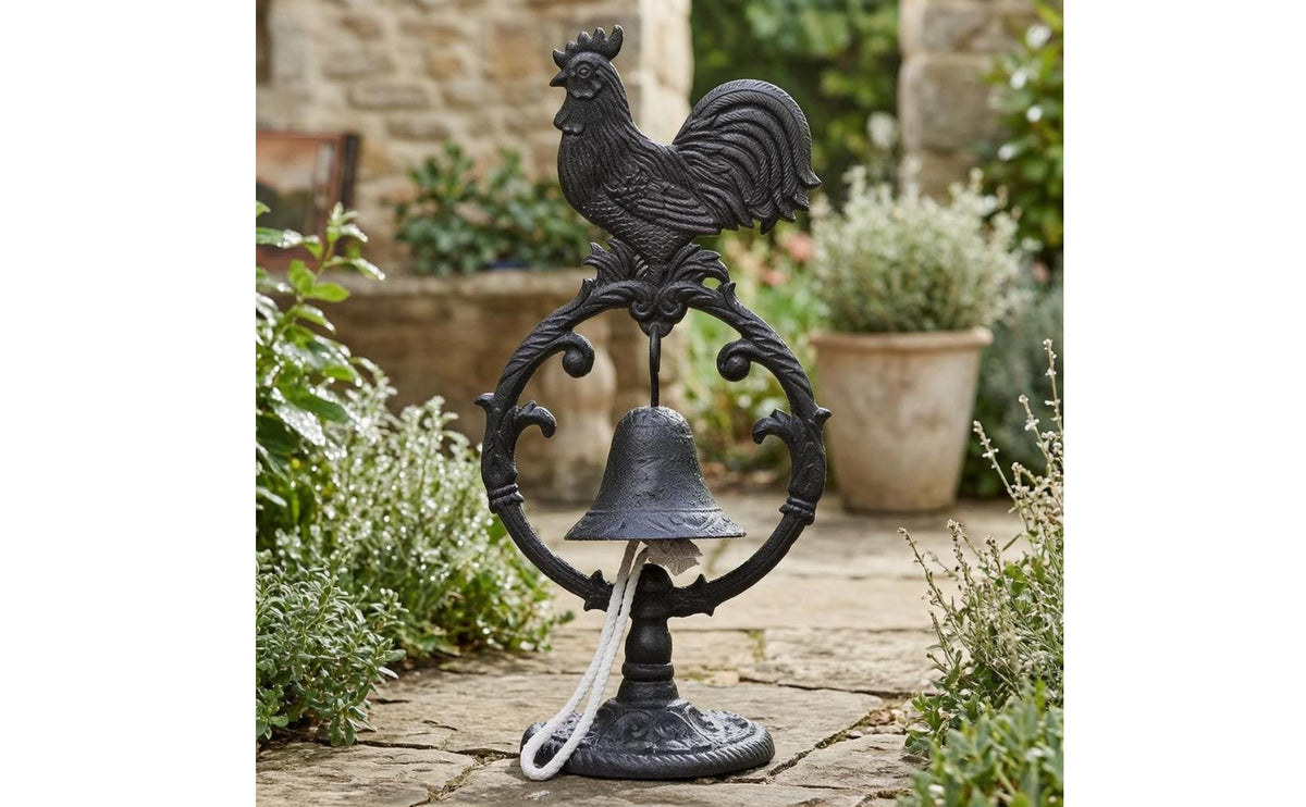 Dark Bronze-Black Finish Cast Iron Cock Bell Openwork Frame Tabletop Cock Bell Embossed Texture Decorative Hardware Pull Cord for Garden Display