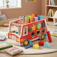 Wooden Bus with Push-Along Bus Shape Sorter Educational Wooden Shape Sorter for Young Children, Kids