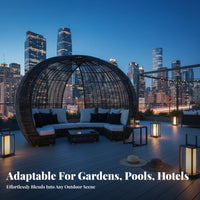 Round adaptable Daybed Weather-Resistant Round Overhead Cover Bed Woven & look Outdoor Furniture for Hotel Managers, Homeowners, waterside, Backyard, Balcony