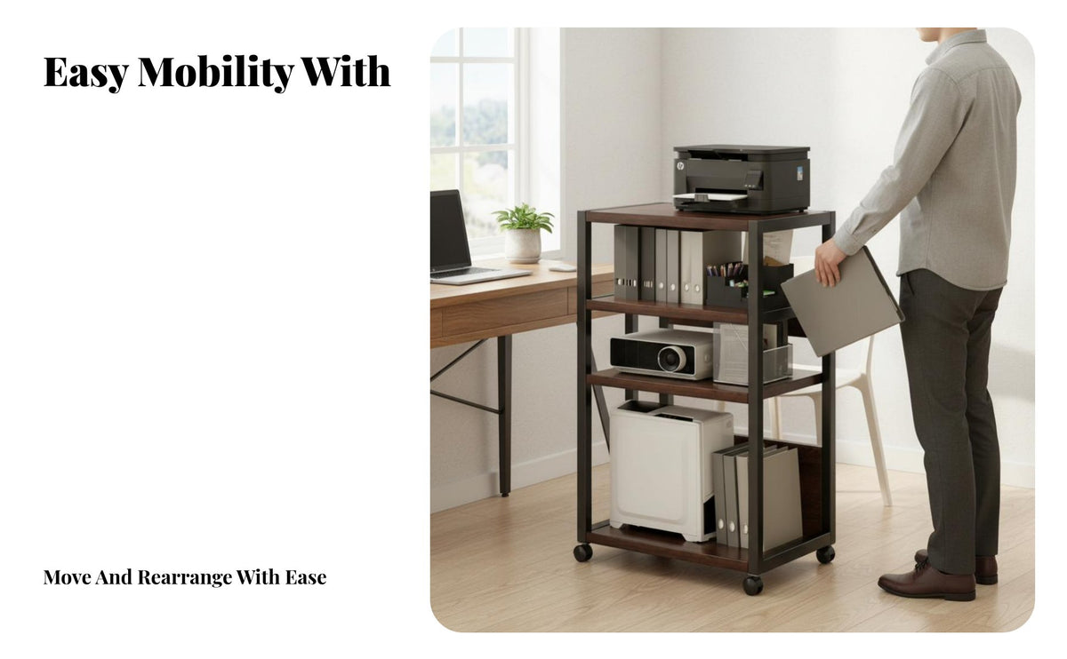With Wheels Multi-Tier Rolling Trolley Space-Saving Multi-Level Rolling Machine Trolley Multifunctional Printer Stand Lockable Casters for Home Users, Students, Crafters, Small Apartment, Study Room, Under Desk, Bedroom
