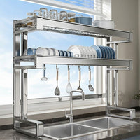 Dish Rack Kitchen Sink Organizer and Drainage Rack, Stainless Steel Kitchen Sink Rack with Cutting Board Holder, Multi-functional Space Saver