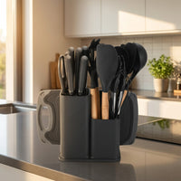 Kitchen Utensils Set with Whisk and Serving Spoon, 19-Piece Heat Resistant Food Preparation Tools, Dual Utensil Holder with Knives, Wood Handle