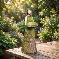 Figurine with Bowl Rustic Statue Artisanal for Shelf, Patio