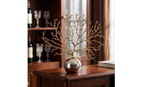 Coral Branch Sculpture with Spherical Base Reflective Metal Coral Statue with Mirror Sphere Abstract Decor for Entryway, Display Cabinet