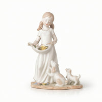 Ceramic Girl Figurine with Dogs Glazed Tabletop Ornament Decorative for Entryway