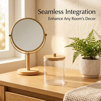 Swab Holder with Bamboo Lid, Transparent Cosmetic Storage Box, Bathroom Vanity Organizer for Makeup, Round Desktop Container