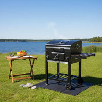 Briquette Barbecue Grill Built-in Thermometer Lidded Briquette Grill Wheels Outdoor Cooking Gear