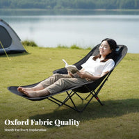 Foldable Design Padded Reclining Lounger Adjustable Backrest Reclining Camp Chair with Footrest Sturdy Frame Camping Seat No Assembly Required for Beachand Goers, Anglers, Fishing, Beach, Office Rest, Backyard