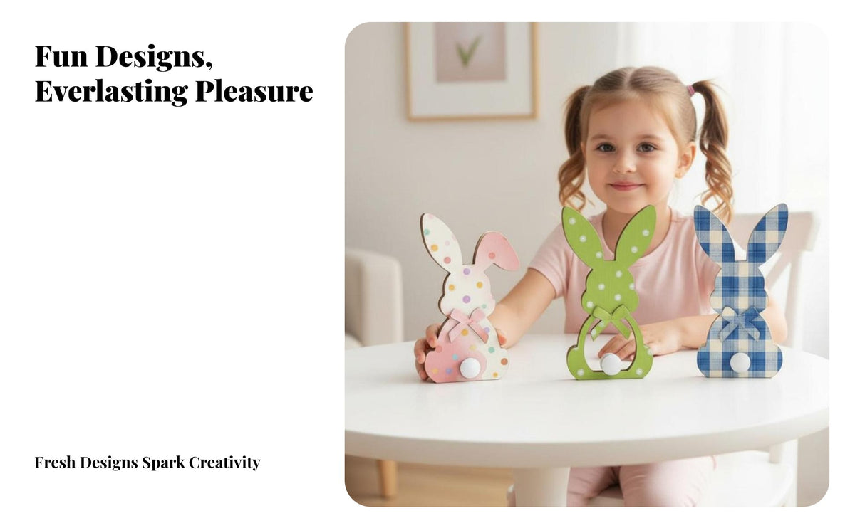 Patterned Bunny Cutout Easter Themed Collectible Hare Sculpture With Bow and Tail Details Tabletop Accent for Families, Parents, Shelf, Desk, Office