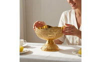 Pedestal Fruit Bowl Gold-Colored Bowl Embossed Serving Dish for Hosts, Centerpiece, Afternoon Tea, Pastry Presentation