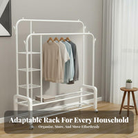 Easy Assembly Heavy Duty Garment Rack Large Capacity Freestanding Metal Garment Stand Multi-Purpose Double Rod Clothing Organizer Movable for Homeowners, Students, Renters, Balcony, Bedroom, Laundry Room, Entryway