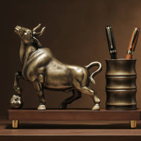 Pen Holder with Bull Statue Decorative Bull Statue Pen Cup Desk Organizer Metal-Finish Sculptural for Collectors, Office, Study