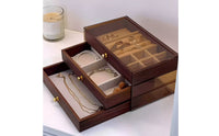 Walnut Wood Jewelry Box Velvet Lined Tiered Jewelry Storage Box Transparent Lid for Dresser, Bedroom