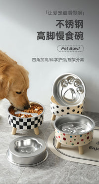 Elevated Cat Bowl with Wood Stand and Stainless Steel Anti-Tip Pet Bowl