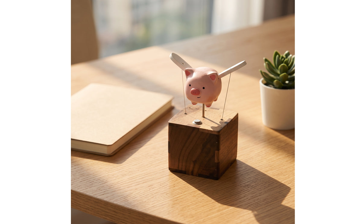 Suspended Wooden Pig Figurine | Tabletop, Pig Ornament with Wooden Base, for desk area
